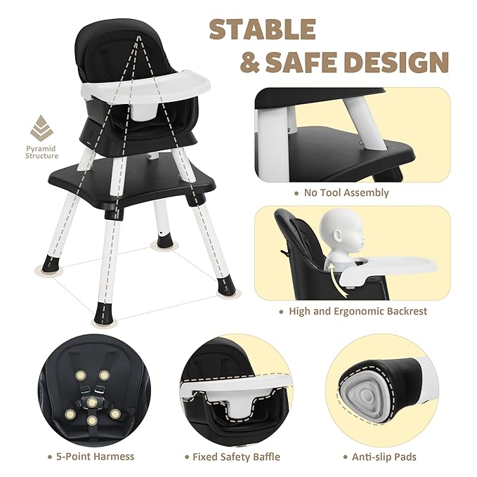 TODEFULL Baby High Chair, 8 in 1 Convertible Highchairs for Babies and Toddlers, Children Dining Booster Seat/Kids Building Block Table for Girls Boys, Baby Seat with Removable Tray, Black