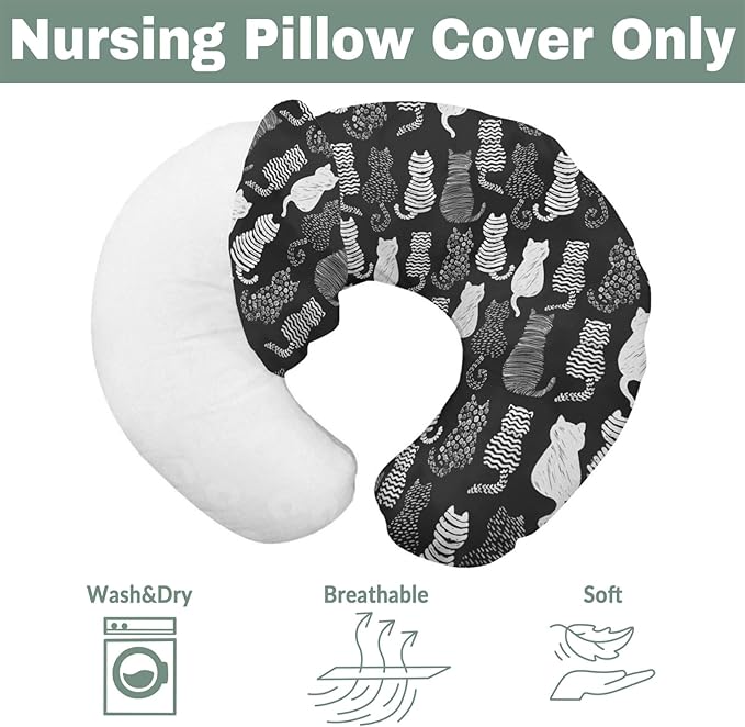 Stylish Cat Shapes Baby Nursing Pillow Covers for Boy Girl Black and White Cat Nursing Pillow Slipcovers for Breastfeeding Pillows Cats Lovers Gift Soft Stretchy Removable Covers for Newborn Infant