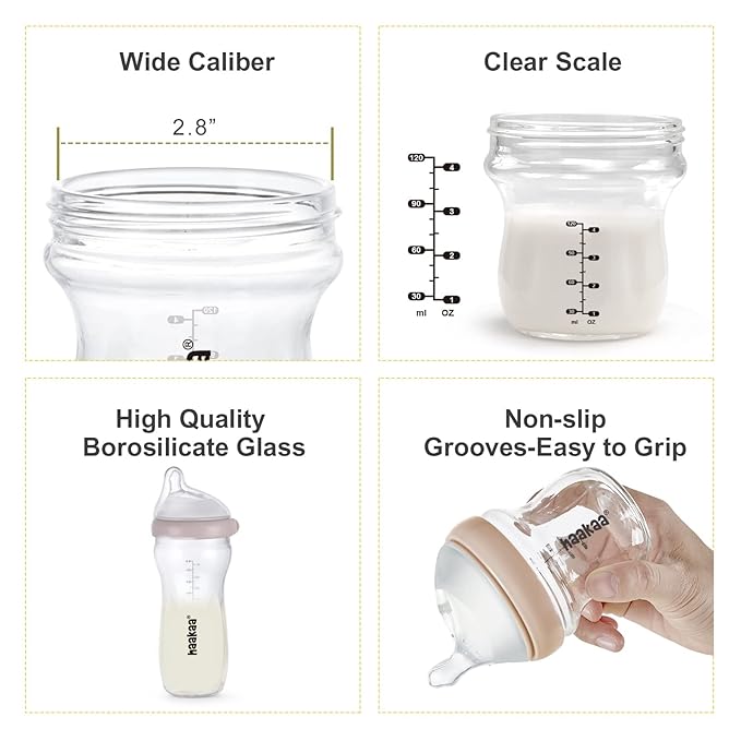 haakaa Gen.3 Natural Glass Baby Bottle&Silicone Orthodontic Bottle Nipple Set-Wide Neck Anti-Colic Variable Flow Nipple,Easy to Clean & Latch for 6m+ Breastfeeding Baby Toddler,BPA-Free