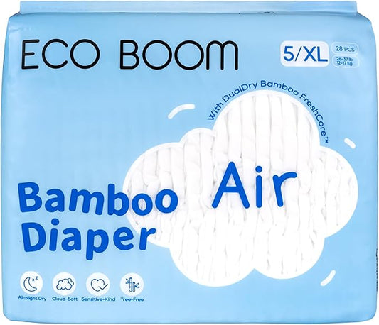 ECO BOOM Air Diapers, Tree-Free & Gentle for Sensitive Skin, Ultra Soft & Breathable, Reliable Overnight Protection, Size 5, 26-37 lbs