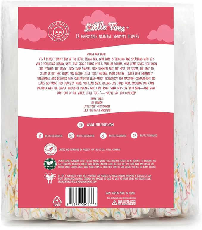 Little Toes Premium Natural Disposable Swim Diapers, Size 5 Large (26+ lbs) (12 Count) | Baby Disposable Swim Diapers | Hypoallergenic, Chlorine & Fragrance-Free | Gentle on Sensitive Skin