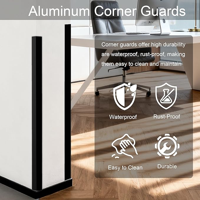 4PCS 48" Metal Corner Protectors, Aluminum Self Adhesive Corner Guards, Metal Wall Edge Protector Strip, Furniture Corner Protectors, Edge Trim for Cabinets and Kitchen Islands (Black, 48"x2"x2")