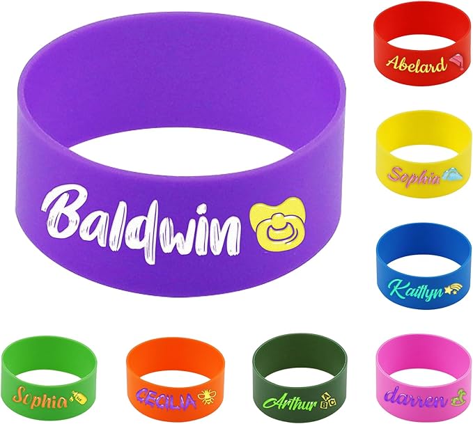 4 Pcs Personalized Water Bottle Name Bands, Waterproof Bottle Labels, Silicone Bottle Tag Washable Sippy Cup Strap Daycare Labels for Boys Girls