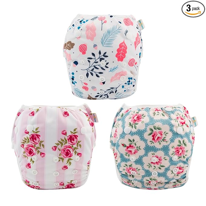 Babygoal Baby Girl Swim Diapers 3 Pack for 8M-3T Babies and Toddlers, Reusable Adjustable Washable for Swimming Lessons-Flower