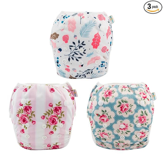 Babygoal Baby Girl Swim Diapers 3 Pack for 8M-3T Babies and Toddlers, Reusable Adjustable Washable for Swimming Lessons-Flower