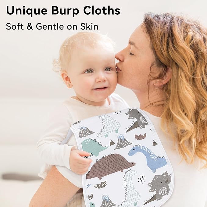 Yoofoss Baby Burp Cloths 100% Organic Cotton 5 Pack Burping Cloths for Babies Boys Girls Large 21''X10'' Extra Soft and Absorbent Dinosaur