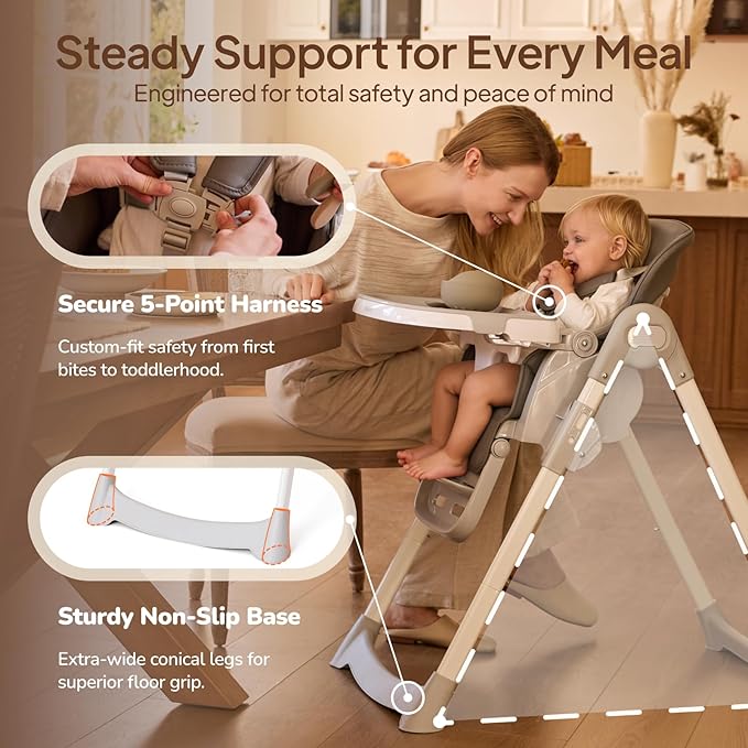 Tinyiota 4 in 1 High Chairs for Babies and Toddlers with Wheels, 8-Height Adjustable & 3-Position Recline, Easy Clean, Dishwasher Removable Tray, Foldable HighChair for Infant, Meets ASTM Safety, Grey