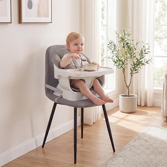 HONEY JOY 9-in-1 Baby High Chair, Convertible Wood Highchair for Babies and Toddlers/Dining Booster Seat/Table & Chair Set, Toddler Stool w/5-Point Safety Harness, Removable Cushion & Tray (Gray)