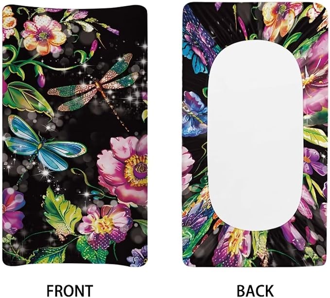 Dragonfly Flowers Changing Pad Covers, Breathable Baby Diaper Change Table Covers, Ultra Soft Contoured Pad Covers for Newborn Baby Boy Girls