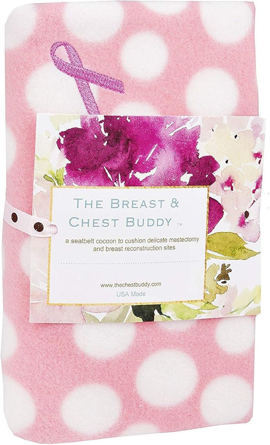 The Breast and Chest Buddy Seatbelt Cushion for Mastectomy and Breast Reconstruction Sites Polka Dots and Breast Cancer Ribbon