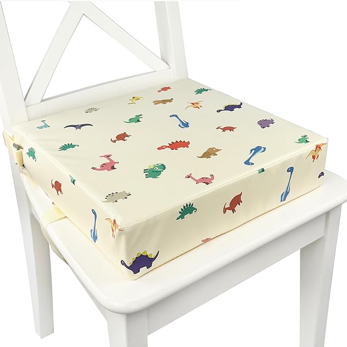 Toddler Booster Seat for Dining Table, Waterproof & Easy-to-Clean PU Cover, Safety Certified, Portable Booster Seat for Kitchen Chairs (Beige - Dinosaur)