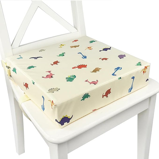 Toddler Booster Seat for Dining Table, Waterproof & Easy-to-Clean PU Cover, Safety Certified, Portable Booster Seat for Kitchen Chairs (Beige - Dinosaur)