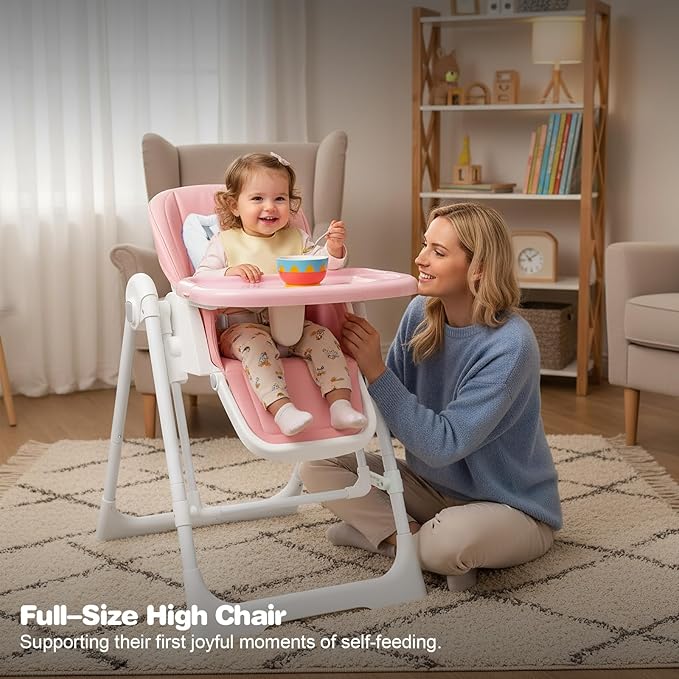 High Chairs for Babies and Toddlers Foldable High Chair Adjustable with Reclining Seat & Leg Rest, 3-in-1 Convertible Baby Rocker with Tool-Free Assembly (Pink)