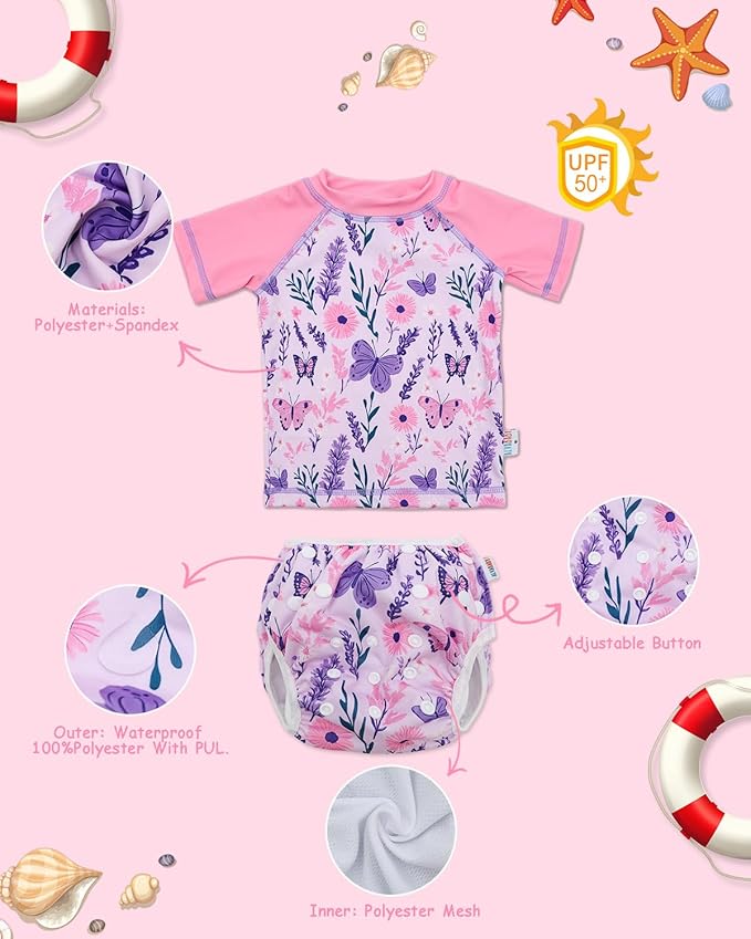 ALVABABY Baby Girl Swimsuit, 2-Piece Infant Toddler Bathing Short Sleeve Swimwear, Small Baby Reusable Swim Diaper with Matching Top