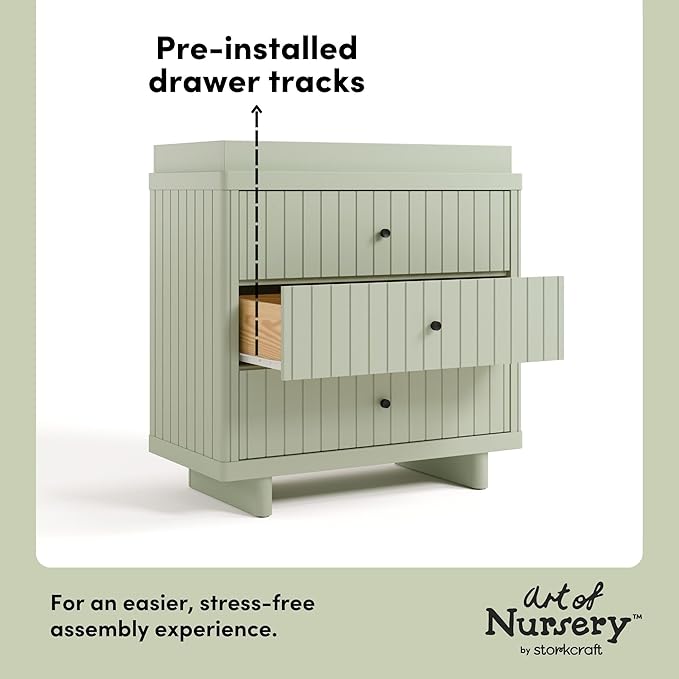 Storkcraft Kyoto 3 Drawer Chest with Topper (Sage) - GREENGUARD Gold Certified, Nursery & Kids' Bedroom Wood Chest, Interlocking Drawer System, and Easy Assembly with Pre-Installed Tracks