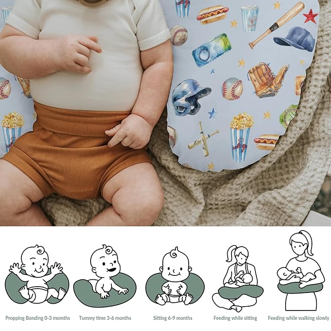 Baseballs Patriotic Baby Nursing Pillow Covers for Boy Girl 4th of July Baseballs Bats Hats Nursing Pillowcase for Breastfeeding Pillows American Sports Soft Stretchy Slipcovers for Newborn Infant