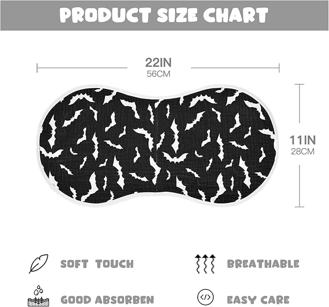Muslin Burp Cloths for Baby Boys and Girls - 2-Pack Ultra Absorbent Halloween Bats Muslin Washcloths, Newborn Towel, Milk Spit Up Rags, Burp Cloth Bibs for Unisex, 22 x 11 Inch