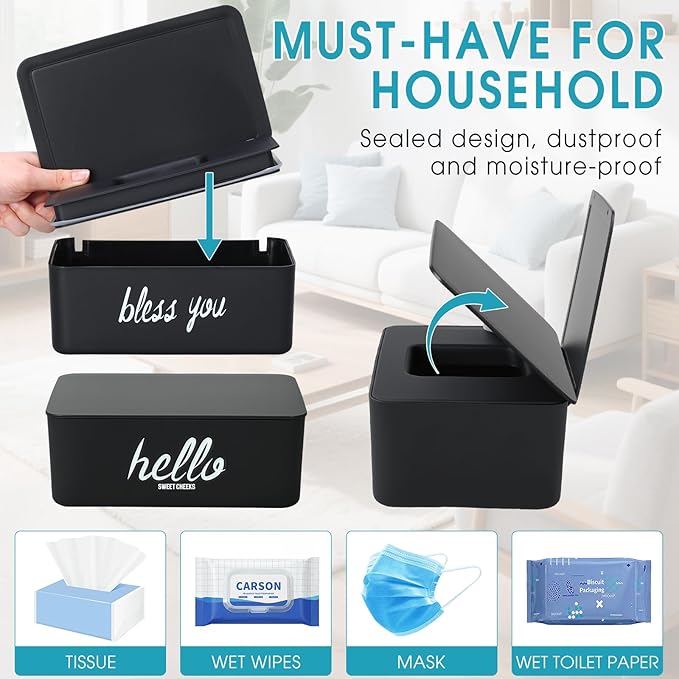 Hushee 2 Pack Wipe Dispenser Wipes Holder for Baby Adult Decorative Wipe Containers for Bathroom Home Office Cars (Black)