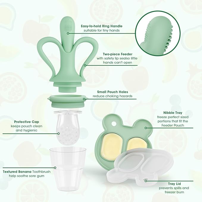 JEXFUN Baby Fruit Feeder & Breastmilk Popsicle Mold Set, Silicone Food Feeder Pacifier for Cooling Relief with 3 Replaceable Pouches, BPA-Free Teething Toy for Safe Infant Self Feeding (Pea Green)