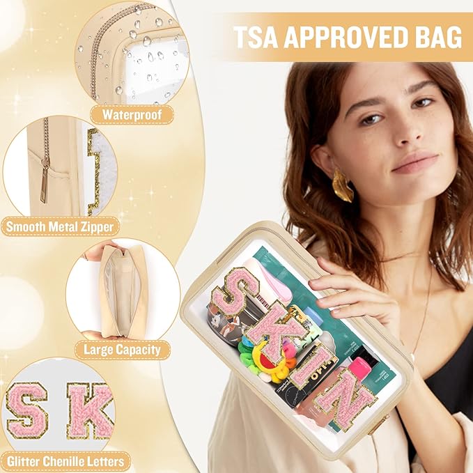 Chenille Letter Clear Makeup Bags Skin Pouch, Preppy Patch Makeup Bag with Zipper, Transparent PVC & Nylon Waterproof Portable Glitter Cosmetic Bag Travel Toiletry Storage for Women Girl(SKIN-Beige)