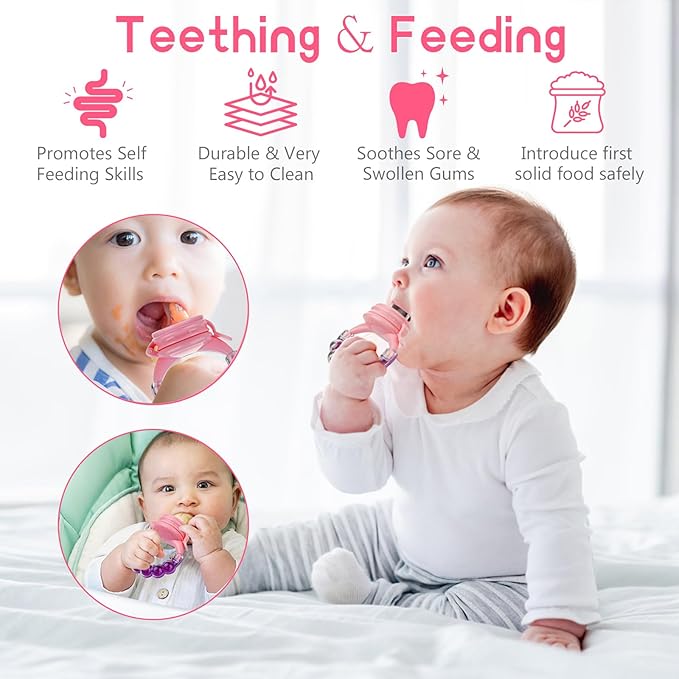 Baby Fruit Feeder Pacifier - 12 Pack | 2 Infant Food Feeder Pacifier & 1 Baby Food Dispensing Spoon | Fresh Fruit Teethers for Babies | Silicone Feeder Babies,Infant Teething Feeders (Pink)