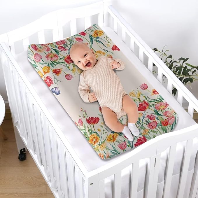 Butterflies Flower Changing Pad Cover for Baby Girls Boys Comfort Diaper Change Table Pad Covers Soft Changing Pad Sheets