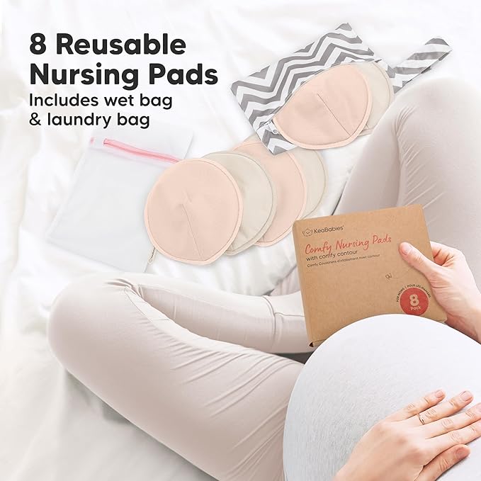Organic Nursing Pads - 8 Washable Breast Pads for Breastfeeding, Wash Bag, Viscose Derived from Bamboo Reusable Nipple Covers for Breastfeeding Essentials, Soft & Absorbent(Neutrals, L 5")