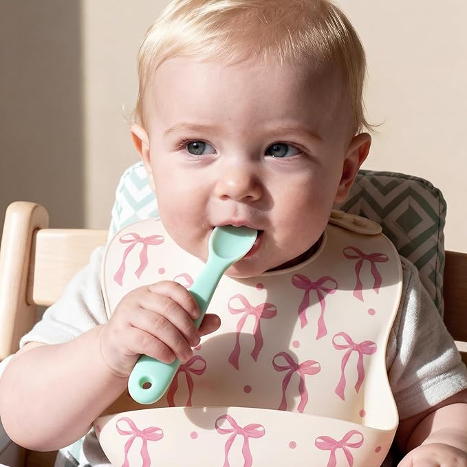 Remerry Silicone Bib for Baby Girls, Pink Waterproof Feeding Bib with Pocket Adjustable Fit for Babies and Toddlers Drooling
