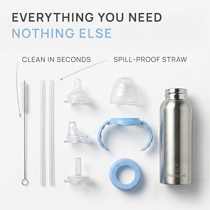 3-in-1 Stainless Steel Baby Bottle – Newborn to Toddler Sippy and Straw Cup, Leak-Proof Insulated, Ages 0–4, 8 oz Blue