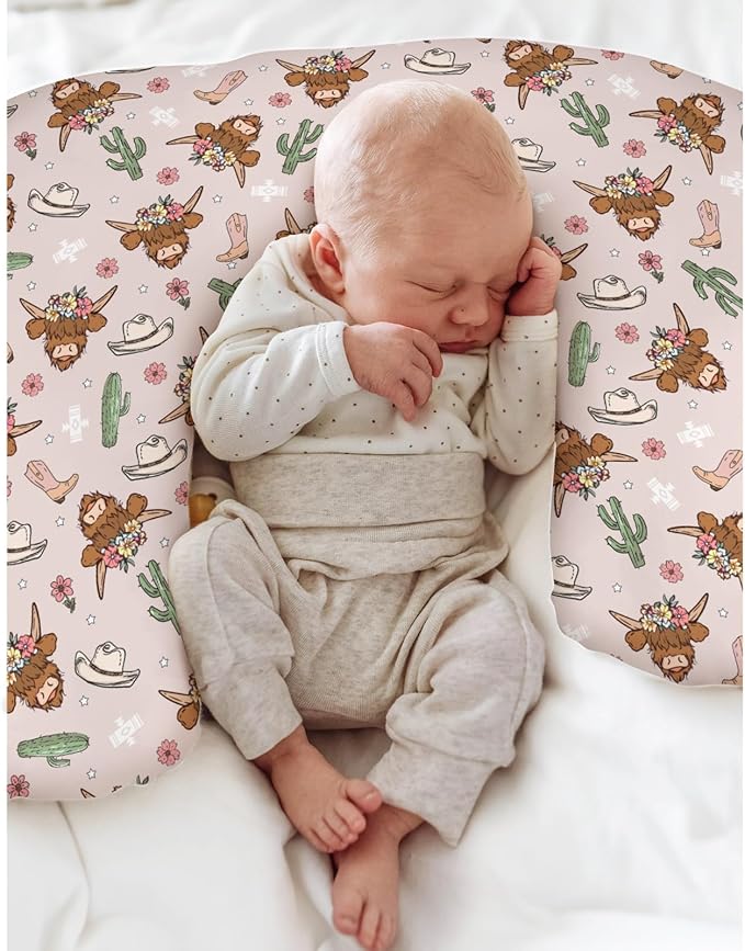 Highland Cows Cactus Baby Nursing Pillow Covers for Boy Girl Pink Western Cowgirl Boots Hats Yak Floral Nursery Pillowcase for Breastfeeding Pillows Wild West Soft Stretchy Slipcovers for Newborn