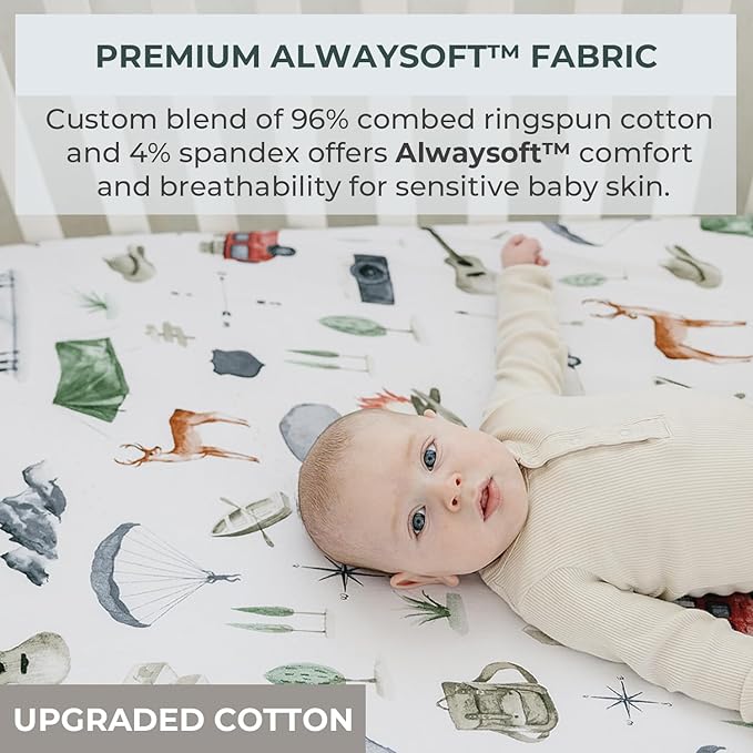 Pobibaby - 2 Pack Premium Pack N Play Sheets Fitted for Standard Pack and Plays and Mini Cribs - Ultra-Soft Cotton Blend, Stylish Woodland Pattern, Safe and Snug for Baby (Explore)