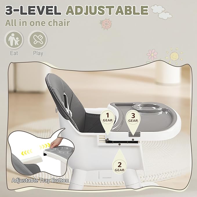 Ktaxon 3-in-1 Baby High Chair, Portable Adjustable Height Highchair with Removable Dual-Layer Tray, 5-Point Safety Harness and Footrest for Toddlers & Babies, Grey