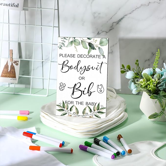 Roowest 35 Pcs Baby Shower Bibs Games Design Wooden Baby Shower Party Game Sign DIY Bodysuit Sign 15 White Blank Bibs 9 Bodysuit 10 Markers for Party Supplies(Greenery)