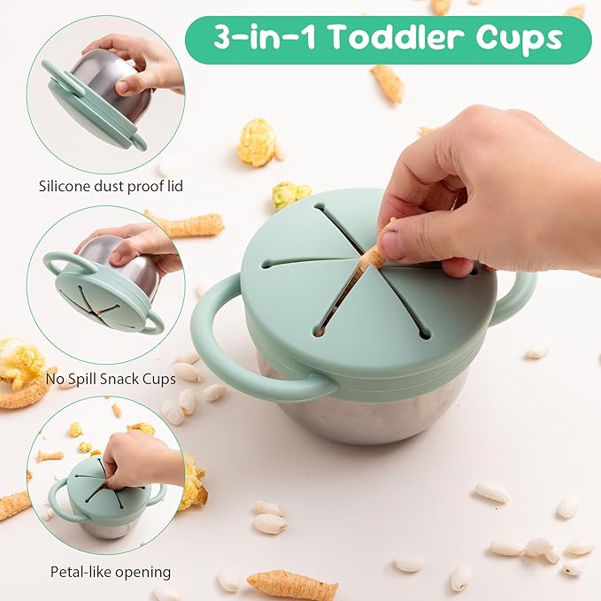 Bufilea 2 Pack Snack Containers for Toddlers, Stainless Steel Toddler Snack Cups with Silicone Food Catcher & Lids,Snack Cups for toddlers Spill Proof
