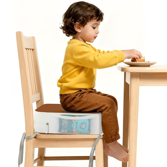 Booster Seat for Kitchen Chair, 3.8" Toddler Booster Seats for Dining Table with Ties, PU Dining Booster Seat with Side Pockets, Non-Slip & Removable Table Booster Seat Increasing Cushion (Brown)