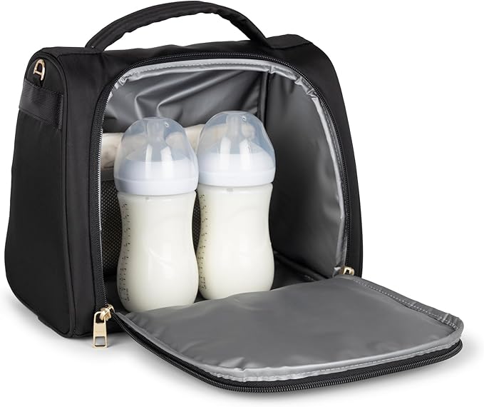 JuJuBe Insulated Bottle Bag, Breastmilk Cooler, Fits 3 Baby Bottles, Storage Tote for Nursing Mom, Daycare & Travel, Lunch Bag w/Handle & Shoulder Strap (Black)