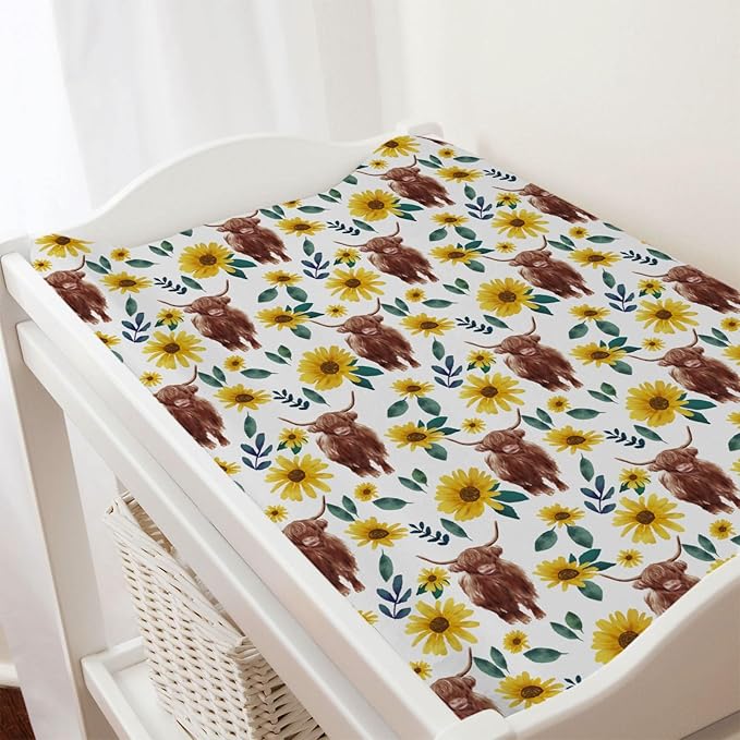 Highland Cows Boho Sunflowers Changing Pad Cover Cute Yak Floral Diaper Changing Table Cover Sheets for Boys Girls Soft Breathable Stretchy Fitted Changing Table Mats 32''x16''