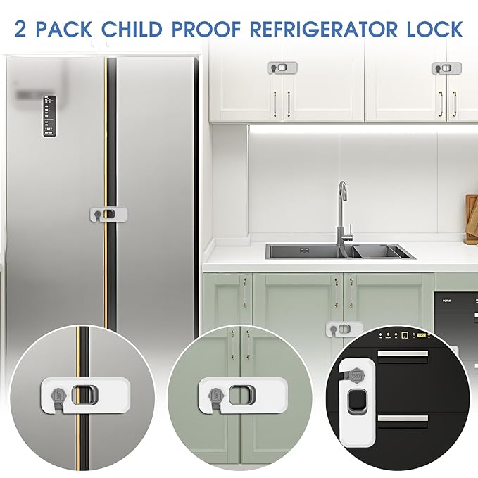 2 Pack Fridge Locks with Self Adhesive, Refrigerator Latch for Kids, Toddlers and Children, Child & Baby Proofing Freezer Door Lock for, Cabinets and Drawers, Oven, Windows