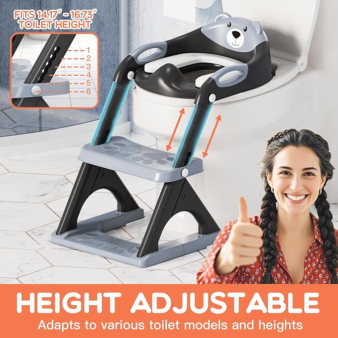 Potty Training Seat with Step Stool Ladder, Toddler Toilet Seat for Boys Girls, Adjustable 6 Heights Fits Round & Elongated Toilets, Anti-Slip Pads & Leak-Proof Guard