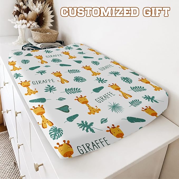 Personalized Baby Changing Pad Cover - 2 Piece Cute Giraffe Print Baby Pee Pad Cover for Diaper Changing Table with Name, Portable Custom Gifts for Infant Baby