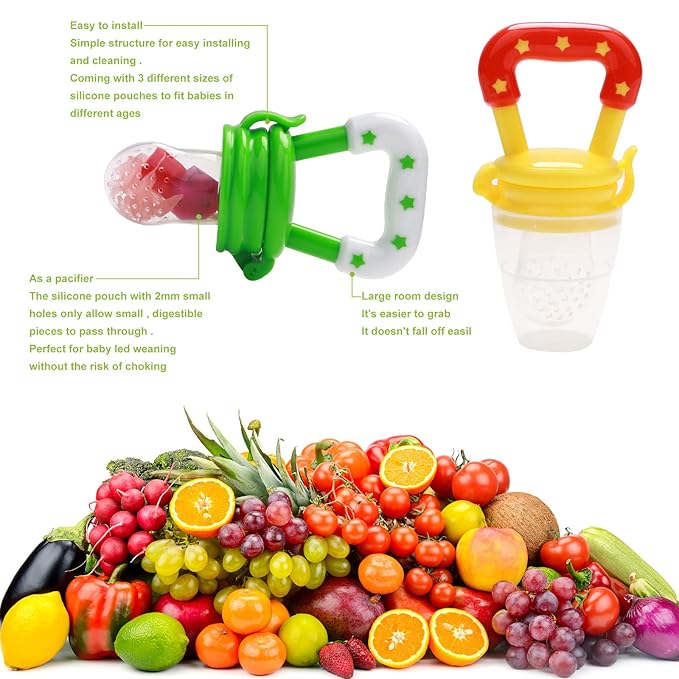 Food Feeder for Baby, Fruit Feeder Pacifier (3 Pcs) with 6 Different Sized Silicone Pacifiers,Silicone Baby Food Dispensing Spoon 90ML with Babies Spoons,Pacifier Clip Babies Feeding Set