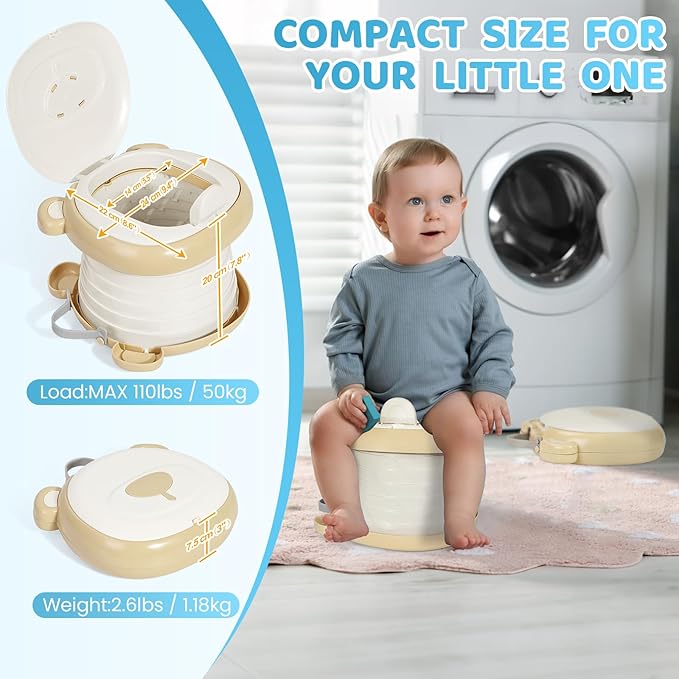 Orzbow Portable Potty Training Toilet, Travel Potty Seat for Toddler Boys Girls, Toilet Training Essentials, Foldable, Includes Free Travel Bag and Disposable Liners, Indoor/Outdoor Use, Khaki
