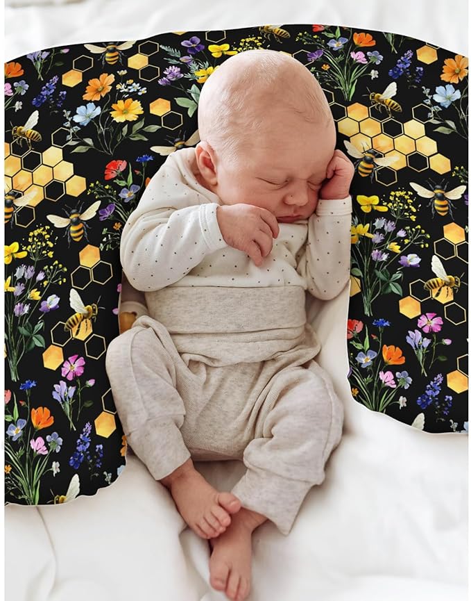 Boho Wildflower Bees Honeycomb Baby Nursing Pillow Covers for Boy Girl Watercolor Honeybee Floral Nursing Slipcovers for Breastfeeding Pillows Summer Soft Stretchy Removable Cover for Newborn Infant