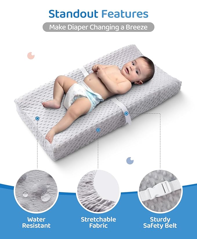 LOONAH Compact Small Changing Pad with Cover - 27" X 16" Contoured Baby Diaper Changing Pad for Combo Crib with Changing Table-Waterproof & Hypoallergenic, Safety Strap with Quick-Release Buckle-Grey