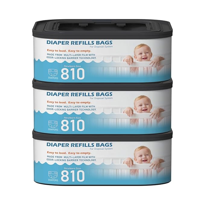 Jumbo Square Refills Disposal Bags Refill (Baby Powder Scent) Compatible with Diaper Genie Classic, Compact and Select Pails, Hold Up to 810 Newborn-Sized Diapers Per Refill, 3 Packs