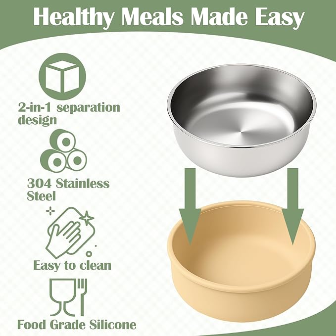 Mity rain 4-Pack Baby Bowls with Suction,Stainless Steel Toddler Bowl with Removable Silicone Shell, Non-Slip Unbreakable babies bowls with silicone suction & Kids Bowls for Baby Food Feeding