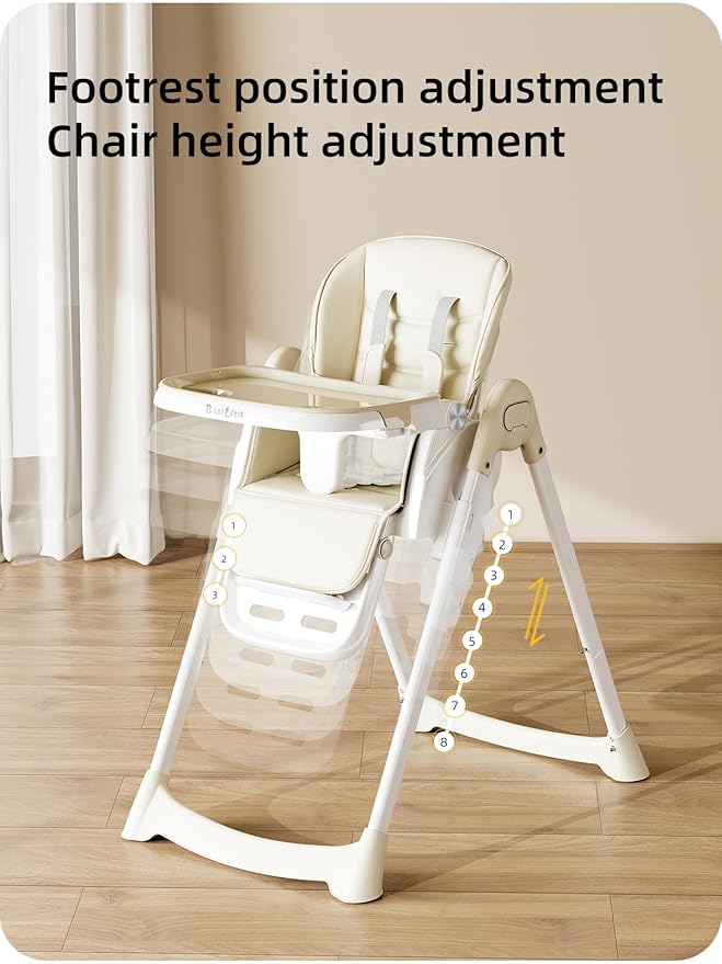 Babilous High Chair, Foldable High Chairs for Babies and Toddlers with Removable Tray, Height Adjustable Feeding Chair, Adjustable Backrest and Footrest, Beige