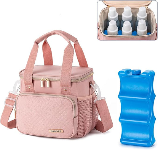 Breastmilk Cooler Bag with Ice Pack Fits 6 Baby Bottles up to 9 Ounce, Breast Milk Pump Cooler Bag for Nursing Mom Daycare, Work, Travel-Pink