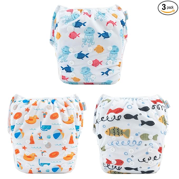 Babygoal Swim Diapers 3 Pack for 8M-3T Babies and Toddlers, Reusable Adjustable Washable for Baby Girl and Boy Swimming Lessons-Fish,Duck
