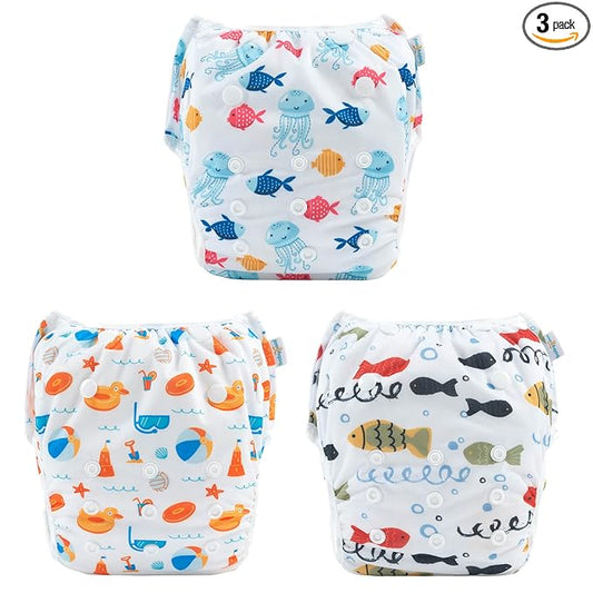 Babygoal Baby Swim Diapers 3 Pack for 0-8 Months Infant Girls and Boys, Reusable Adjustable Washable for Swimming Lessons-Fish,Duck